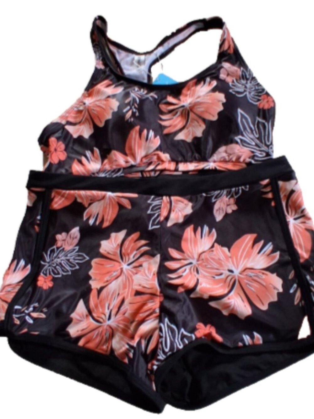 Yonique Women's Swimsuit M 2 Piece Black Peach Floral Racer back Boy Short